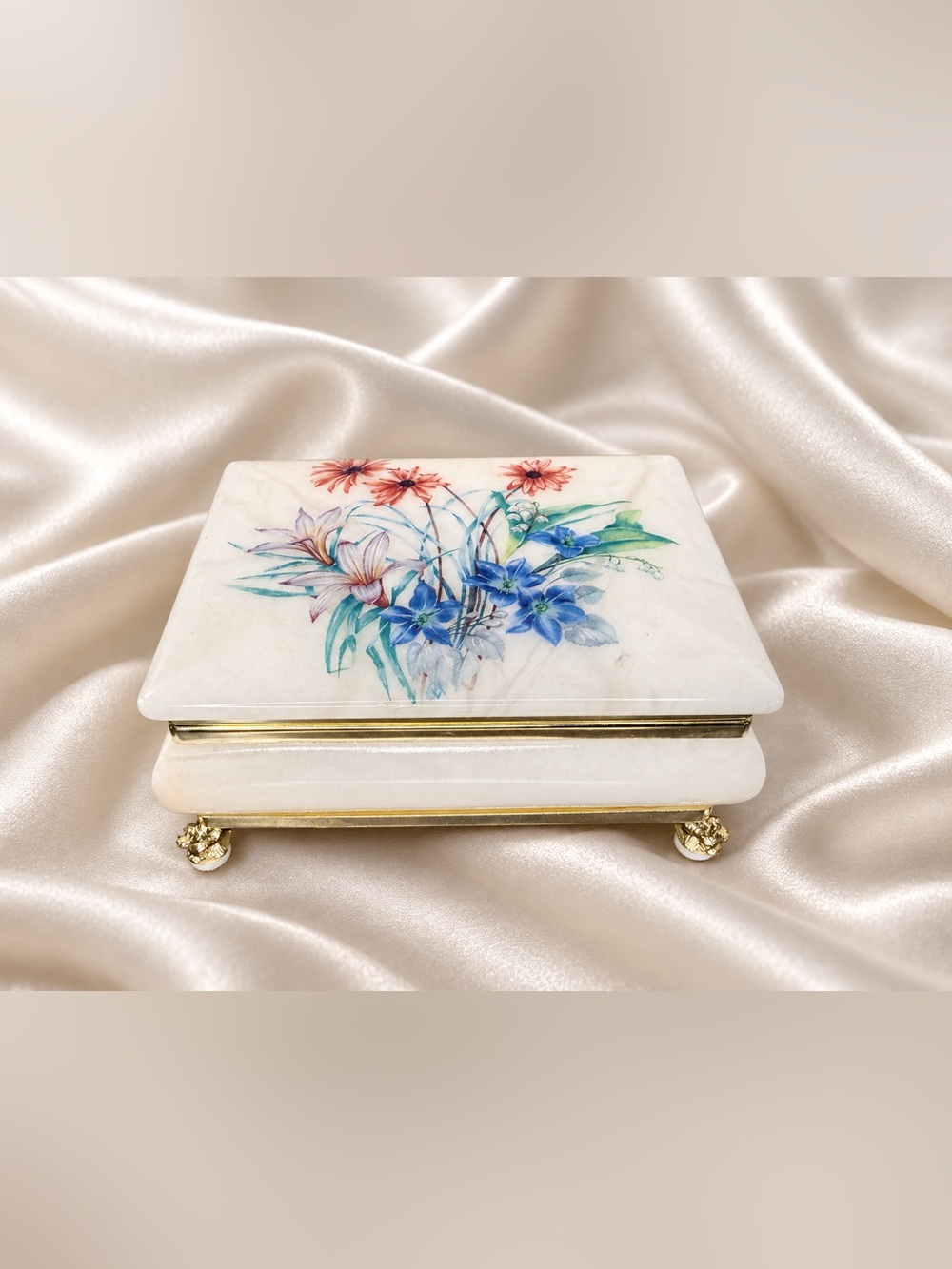 Vintage Italian Alabaster Jewelry Box Hand Carved Floral Brass Footed Italy